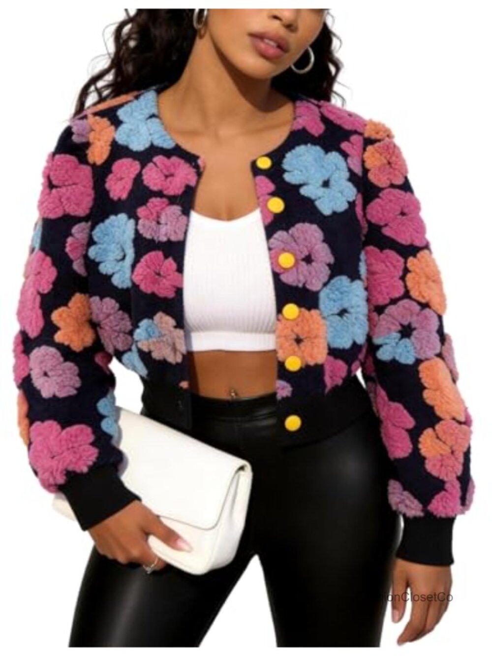 Flygo Floral Fleece Bomber Jacket Cropped Warm Women's Casual Coat